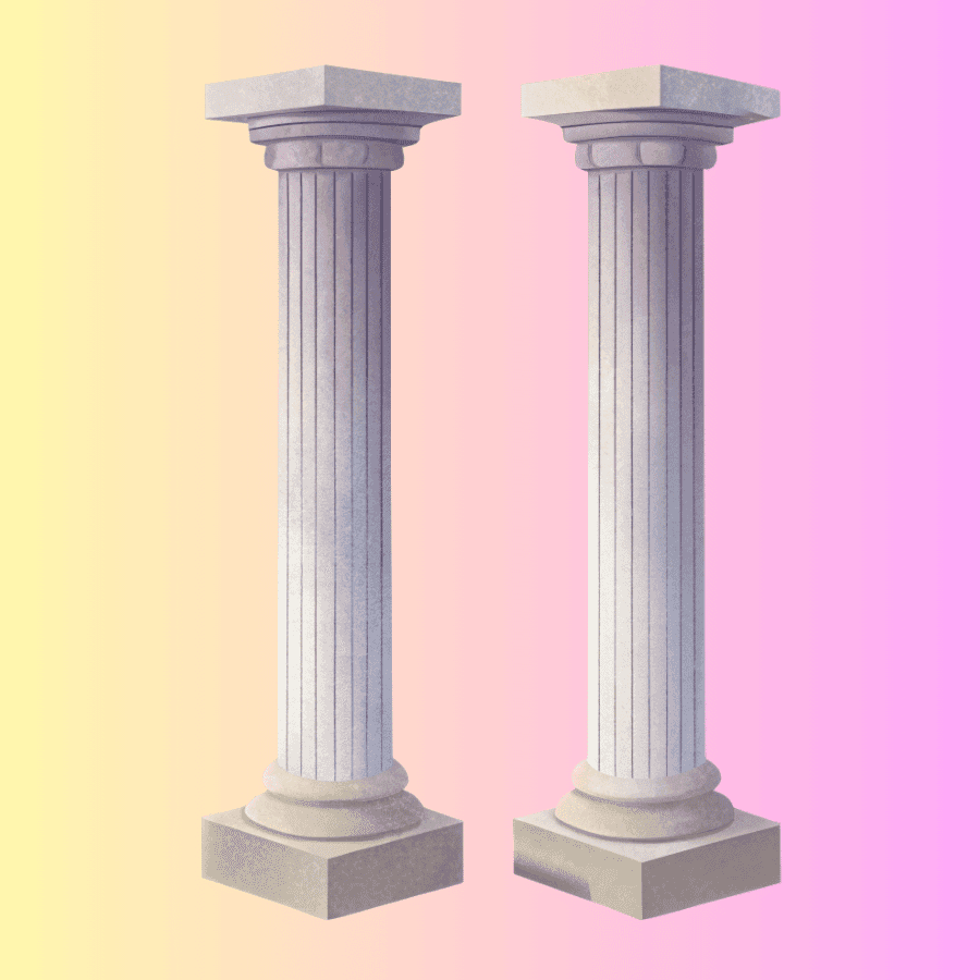 two greek columns on a green and pink background