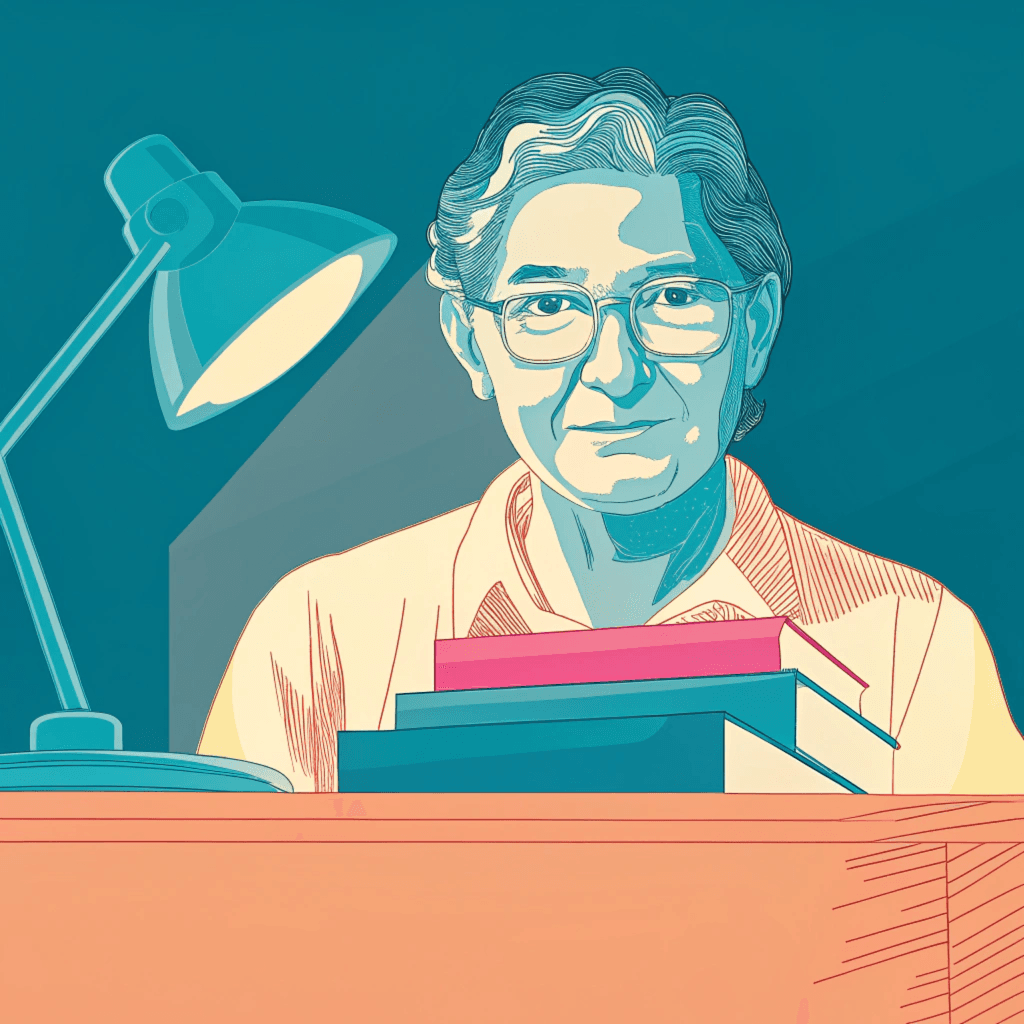 older woman sitting behind a desk 