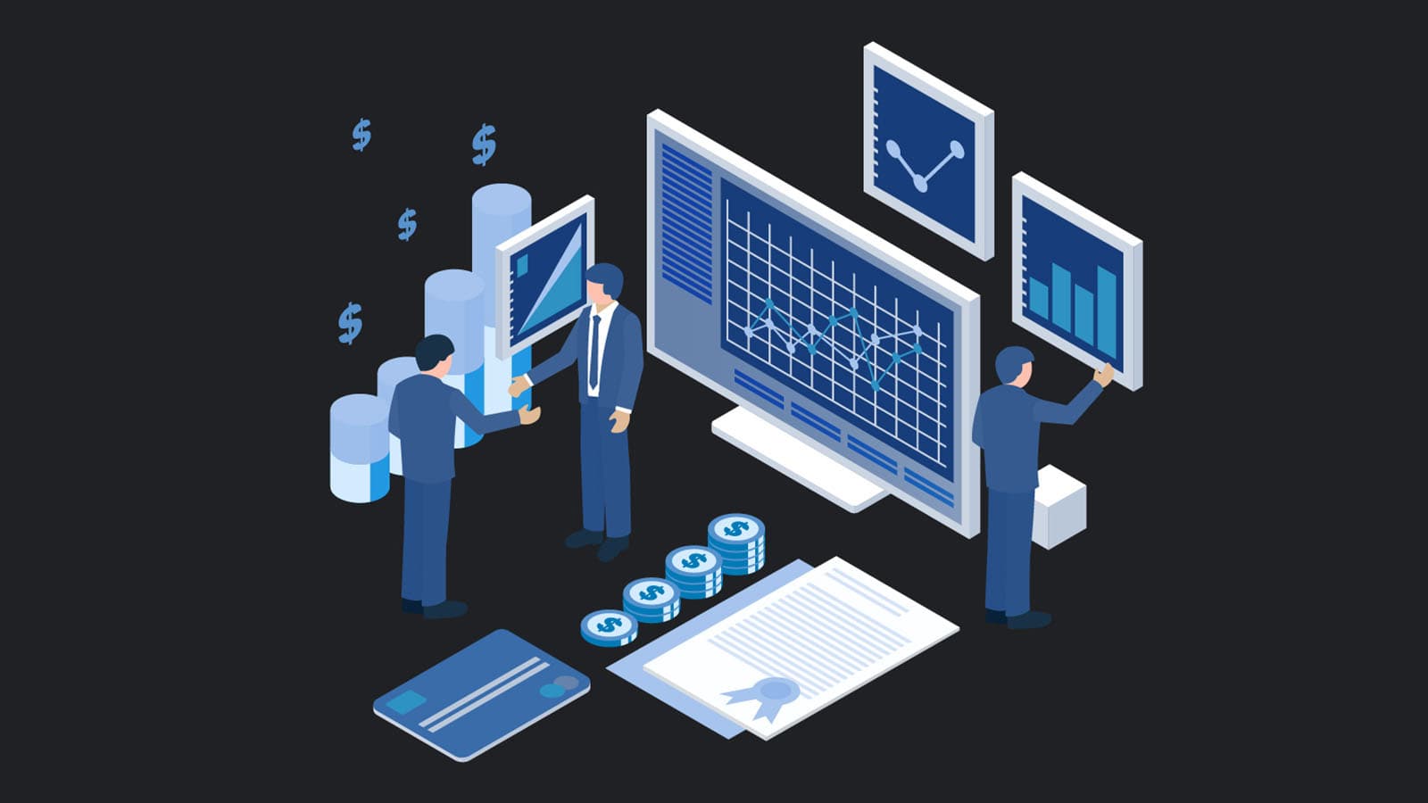 businessmen looking at screens and shaking hands