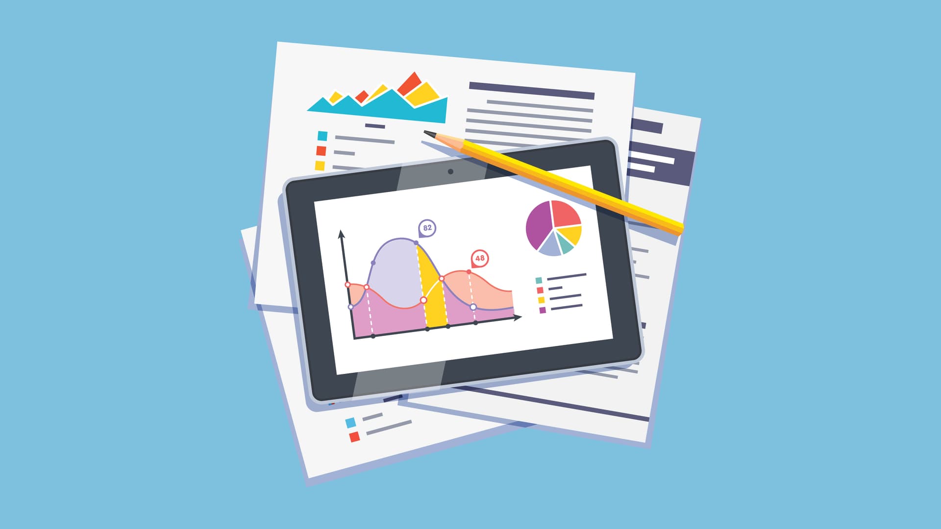 graphic of papers, ipad and pencil in a pile