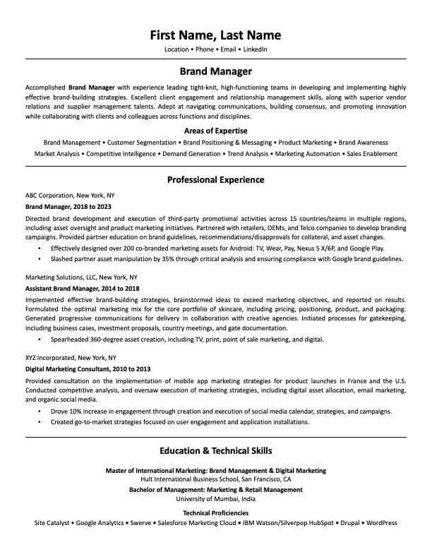 Brand Manager resume example page 1
