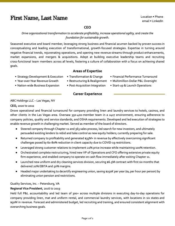 Chief Executive Officer resume example page 1