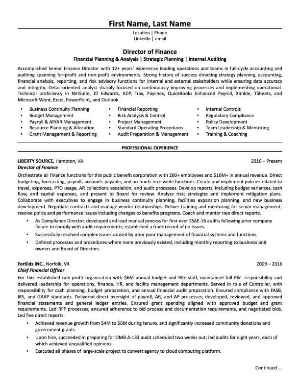 Finance Director resume example page 1