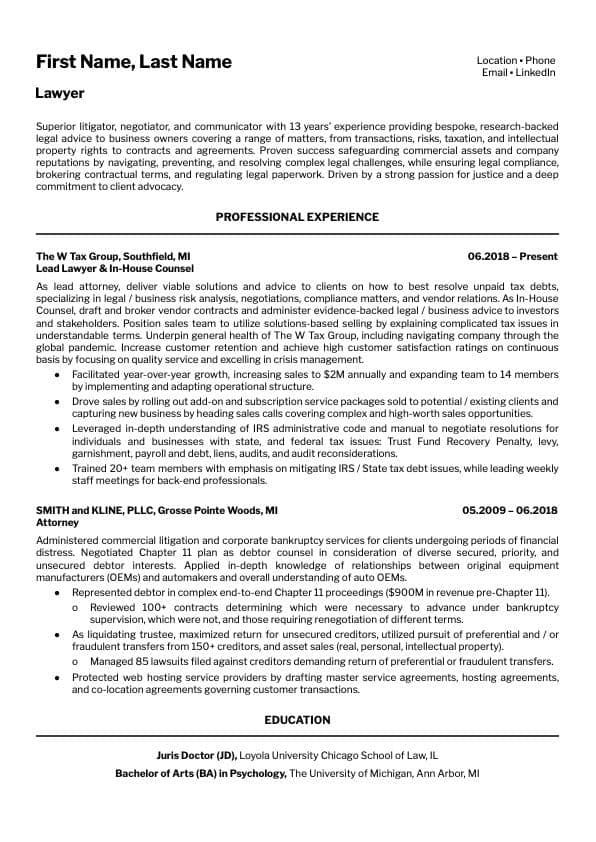 Lawyer resume example page 1