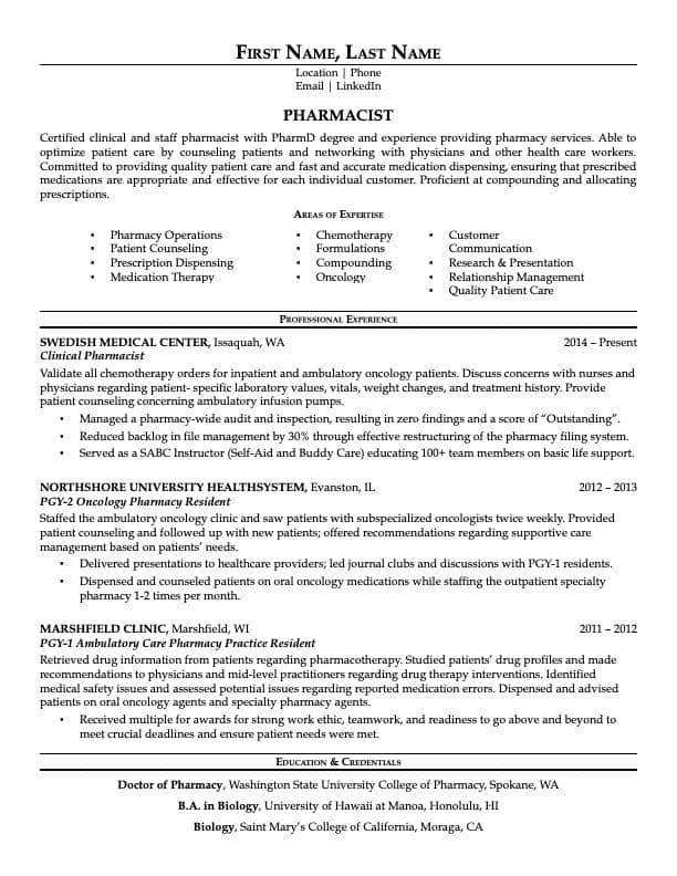 Pharmacist resume example page 1