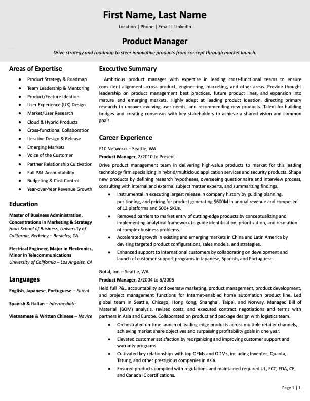 Product Manager resume example page 1