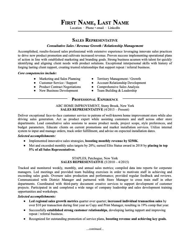 Sales Representative resume example page 1
