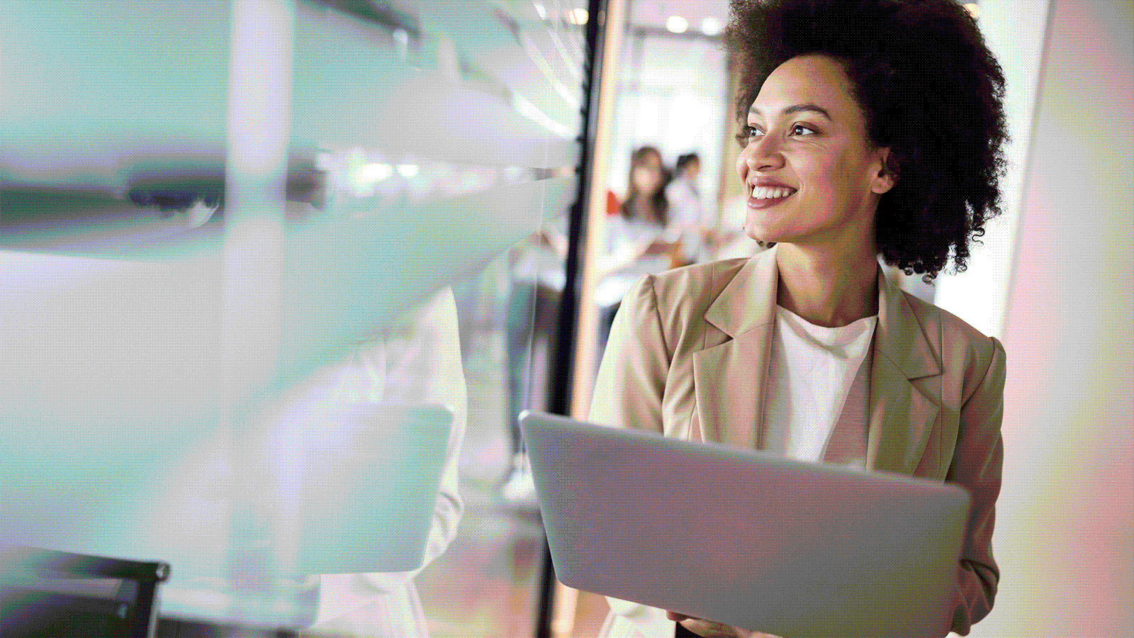 Happy woman in office setting