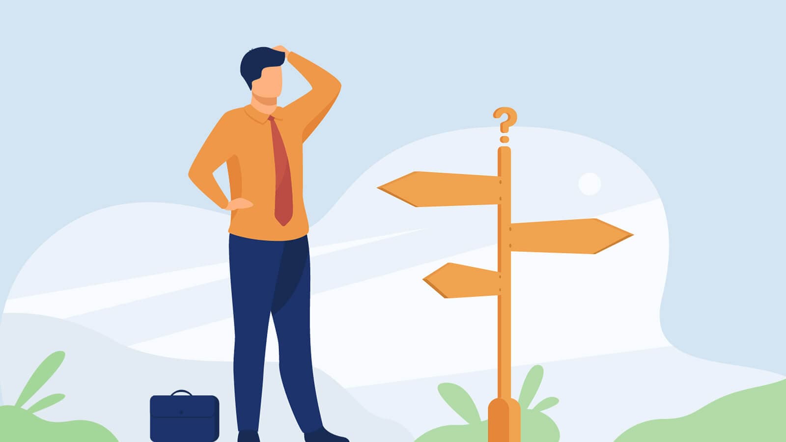 Man standing in front of signs going in different directions