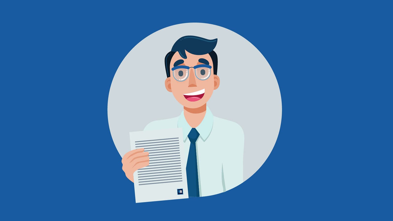 Blue image with a man holding a resume