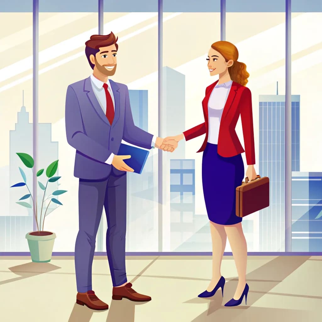 man shaking hands with woman in an office