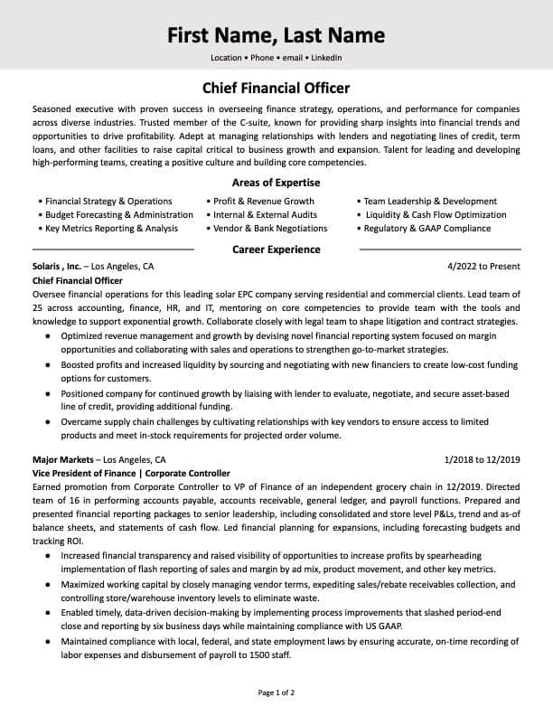 Chief Financial Officer resume example page 2