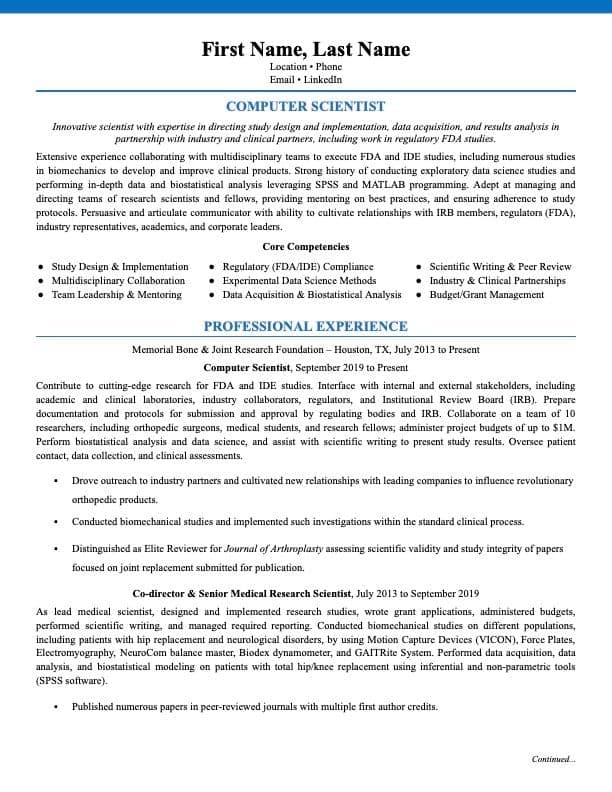Computer Scientist resume example page 1