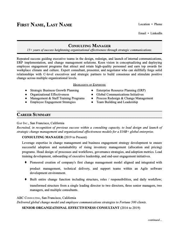 Consultant resume example page 1