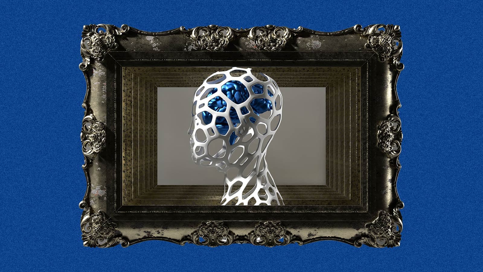 Head made of metal web with blue brain and frames