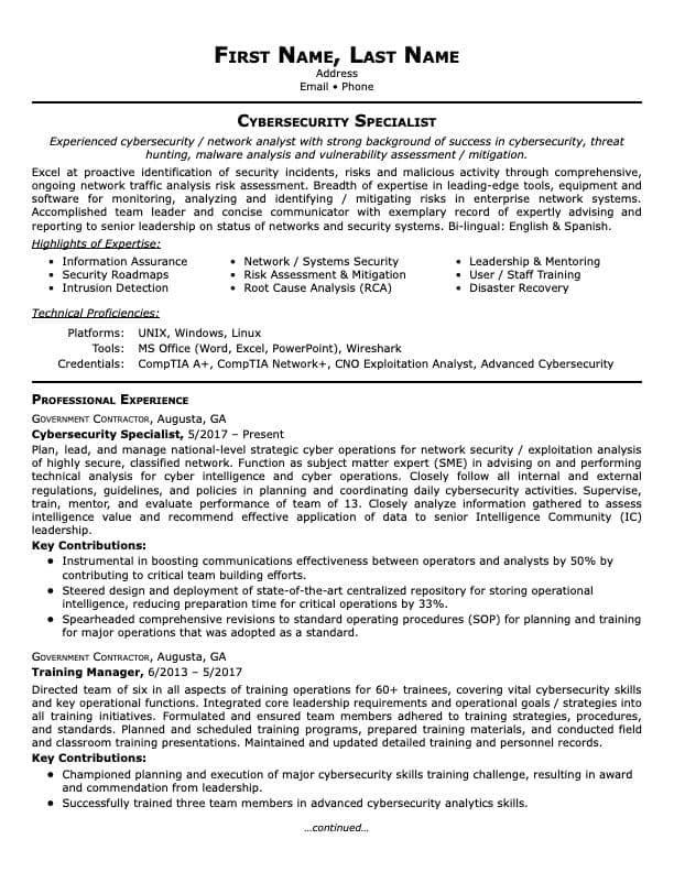 Cyber Security resume example page 1