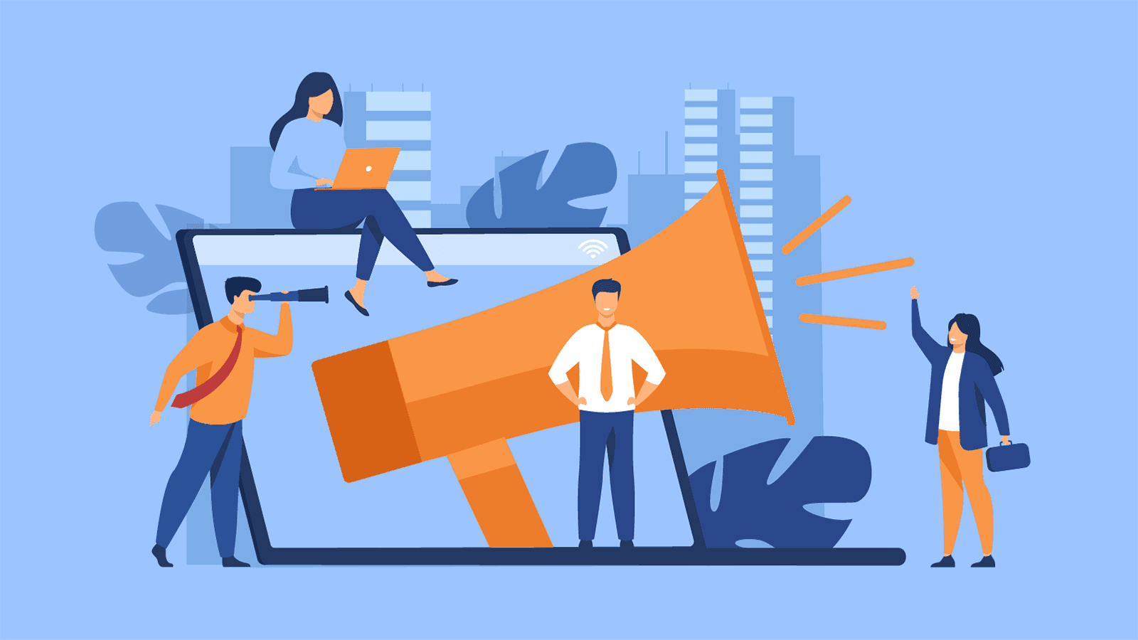 graphic with blue background and orange bullhorn