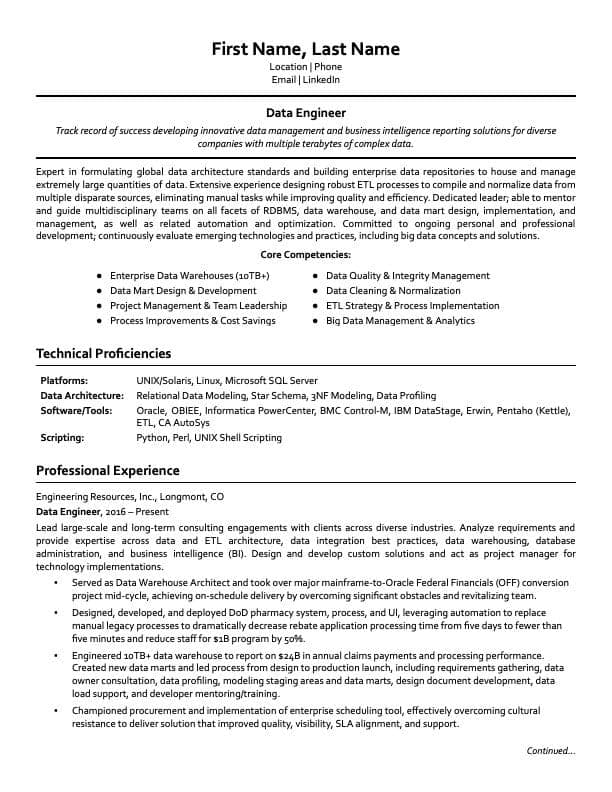Data Engineer resume example page 1