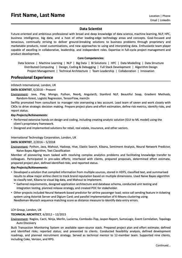 Data Scientist resume example page 1