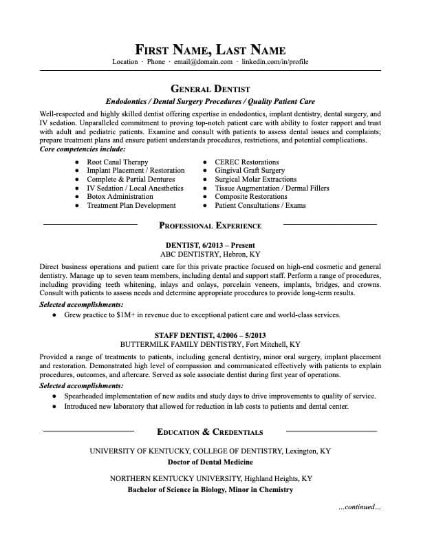 Dentist resume example page 1