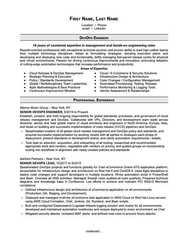 Devops resume example page 1