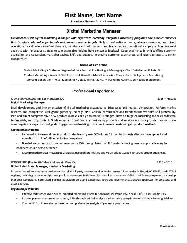 Digital marketing manager resume example page 1