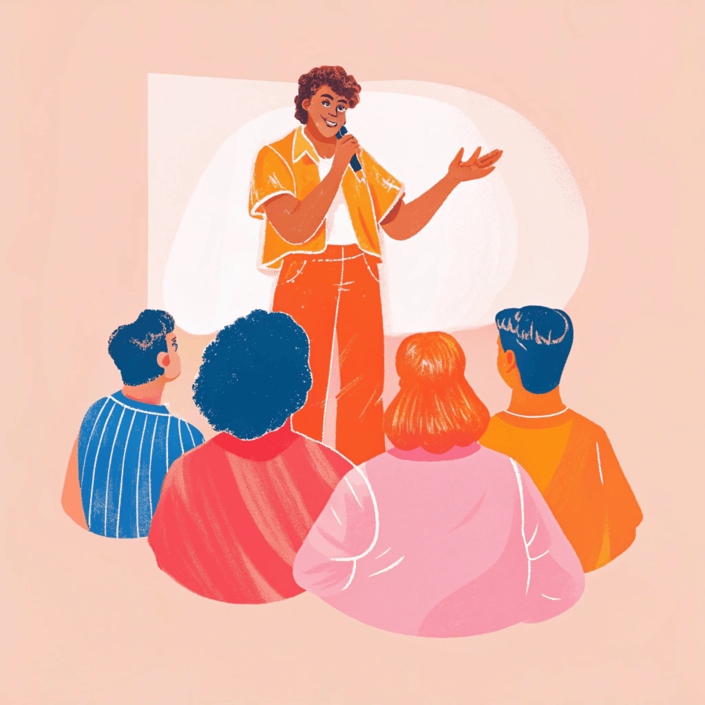 person speaking in front of a crowd