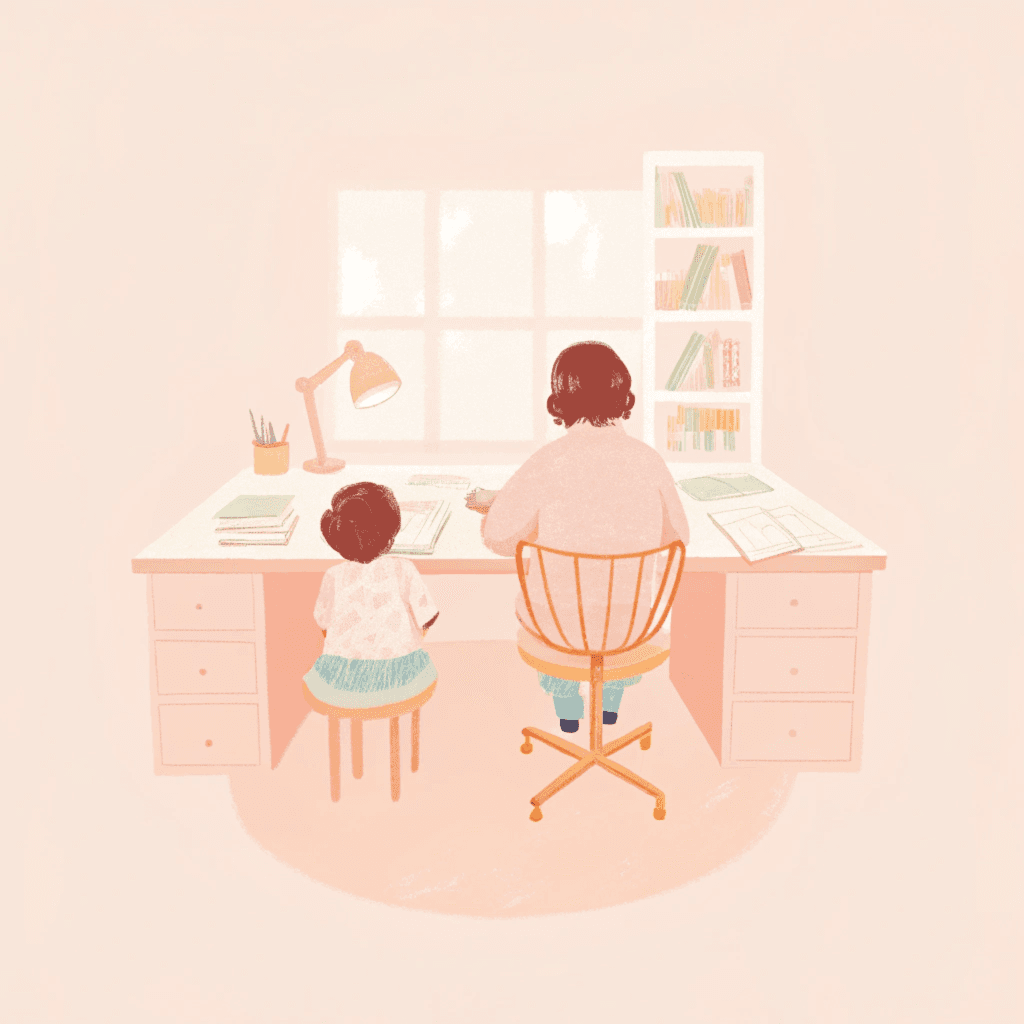 woman working behind a desk with a kid next to her