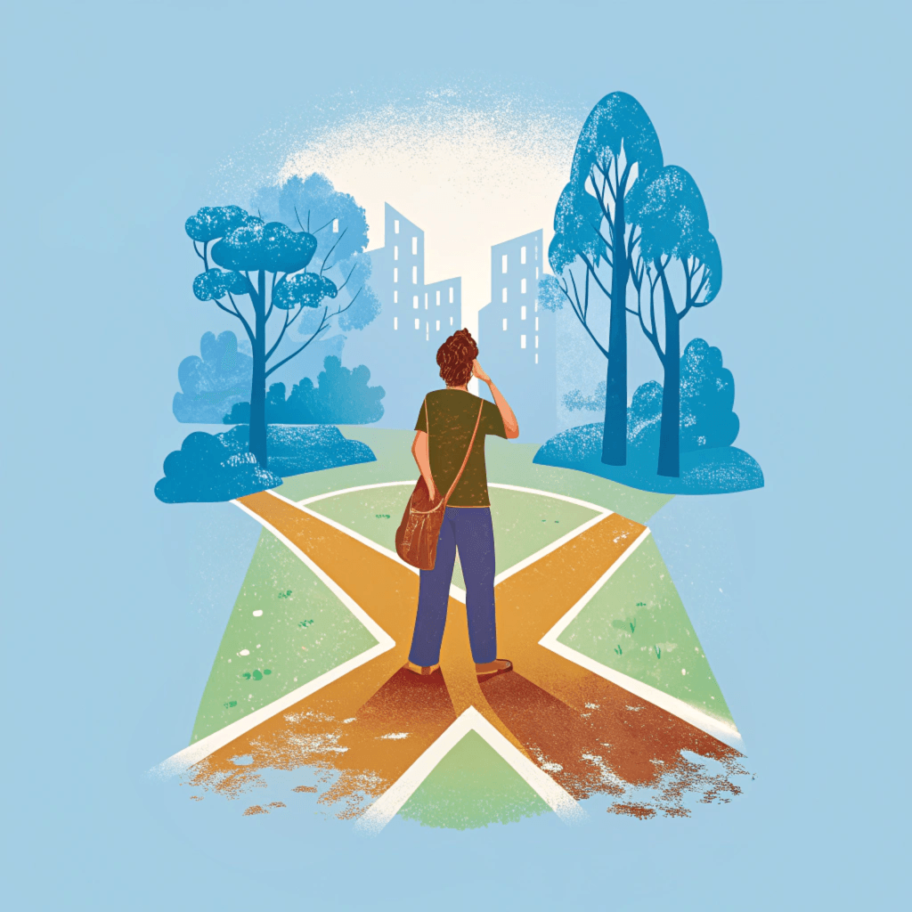 person standing at crossroads