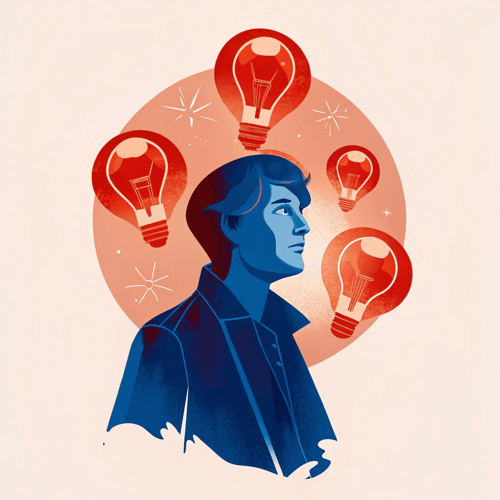 man with lightbulbs floating around his face