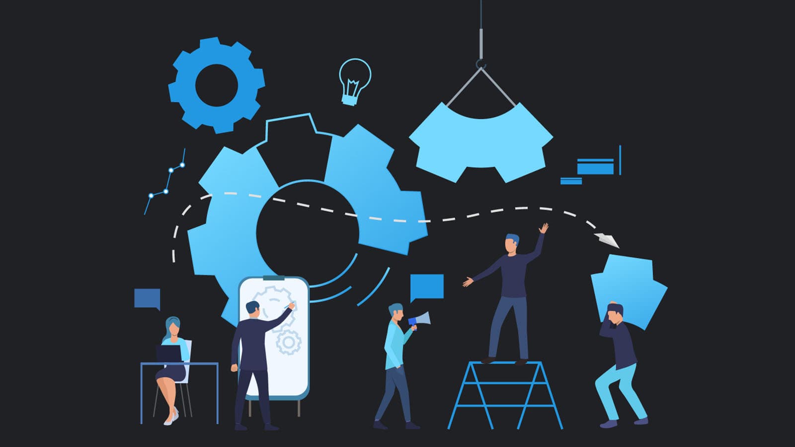 Illustration of office work with cogs and gears