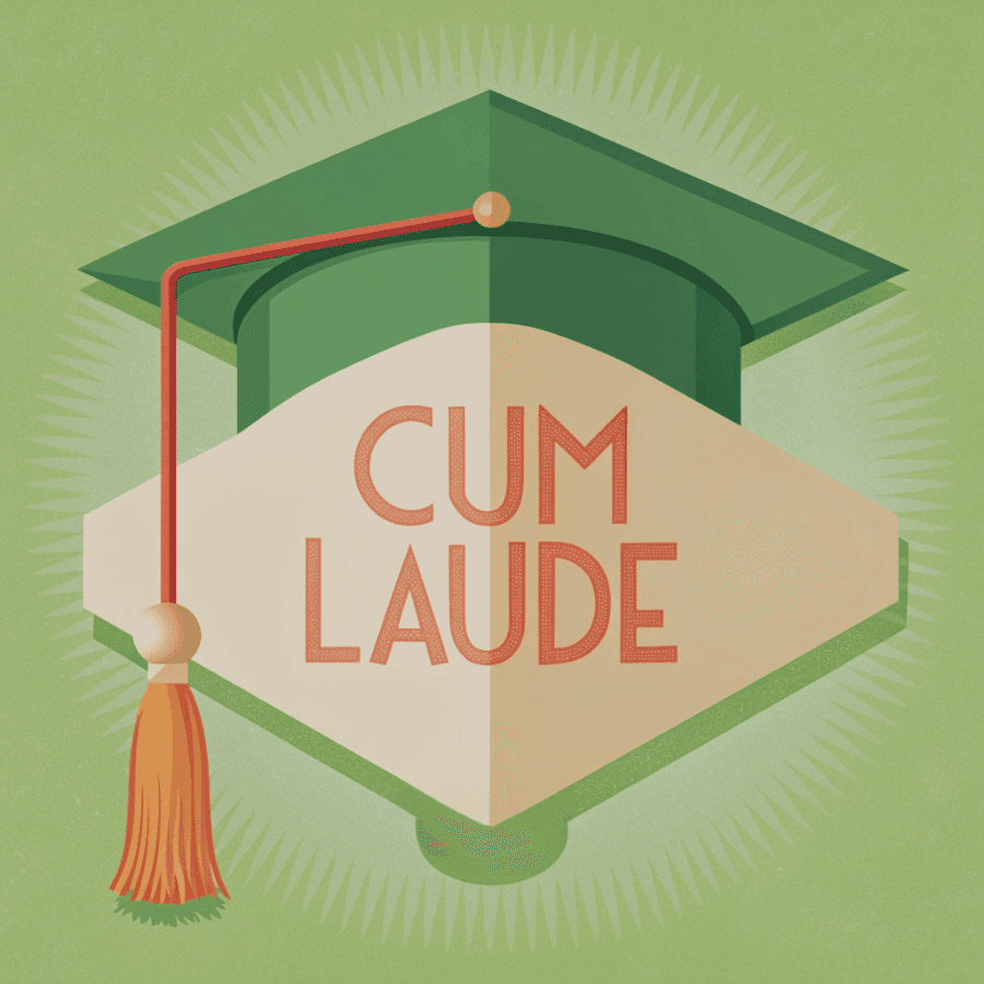 sign that states: cum laude + graduation cap