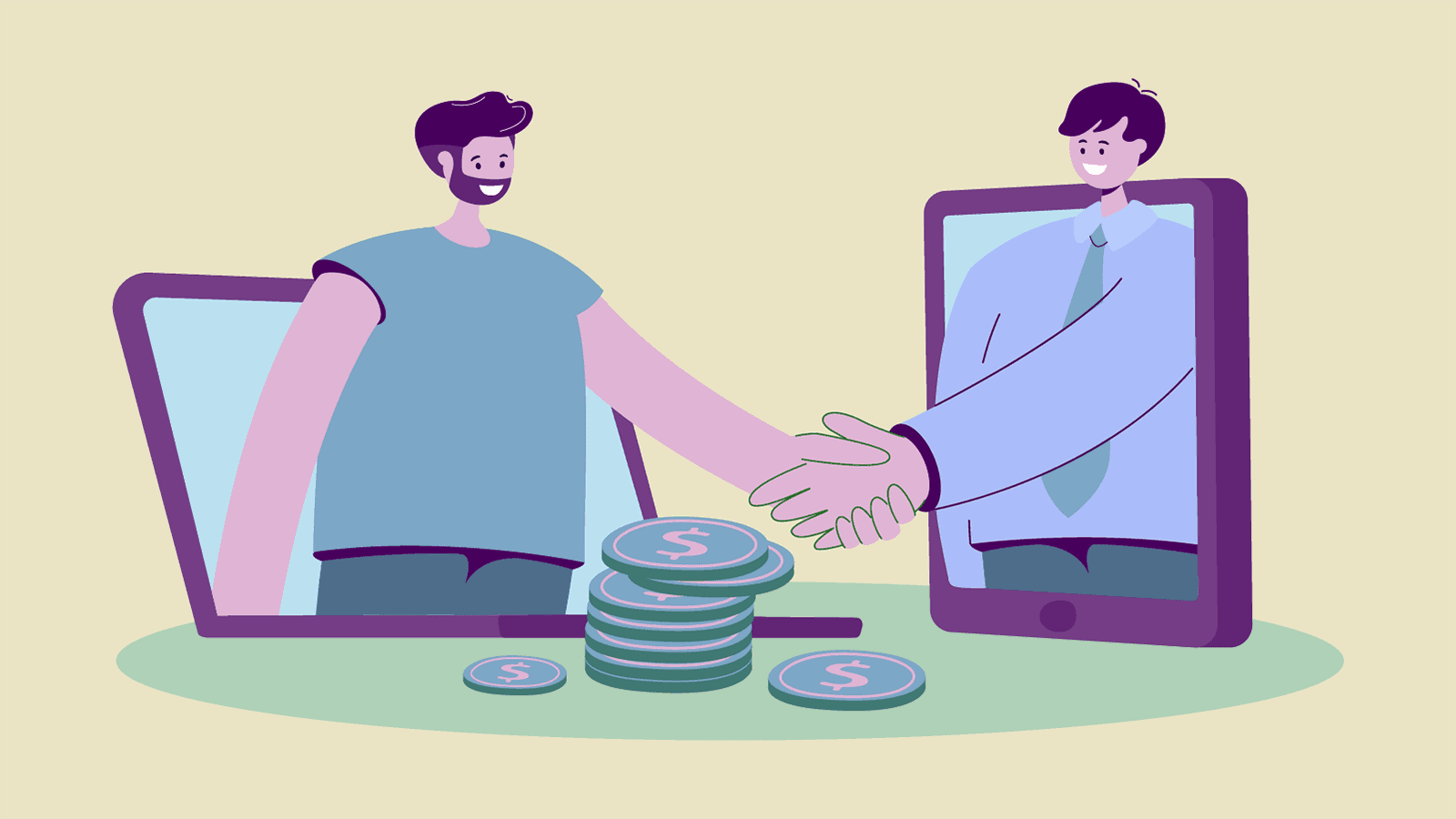 Two figures shaking hands over money