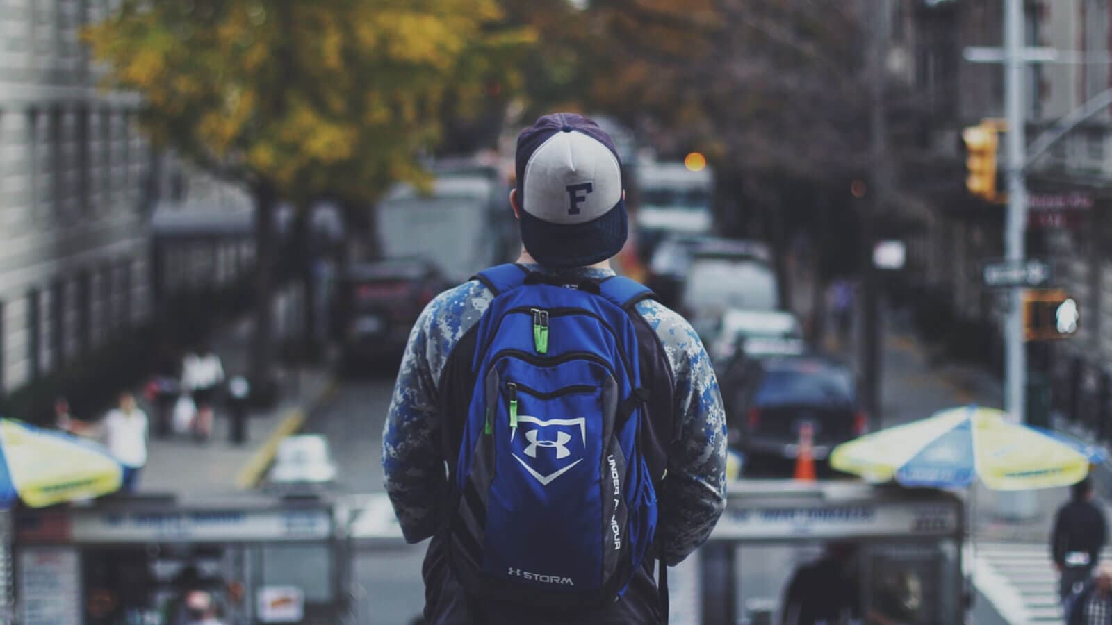 Boy with backpack on