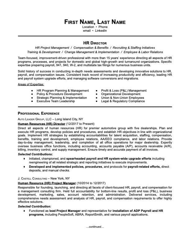 HR Director resume example page 1