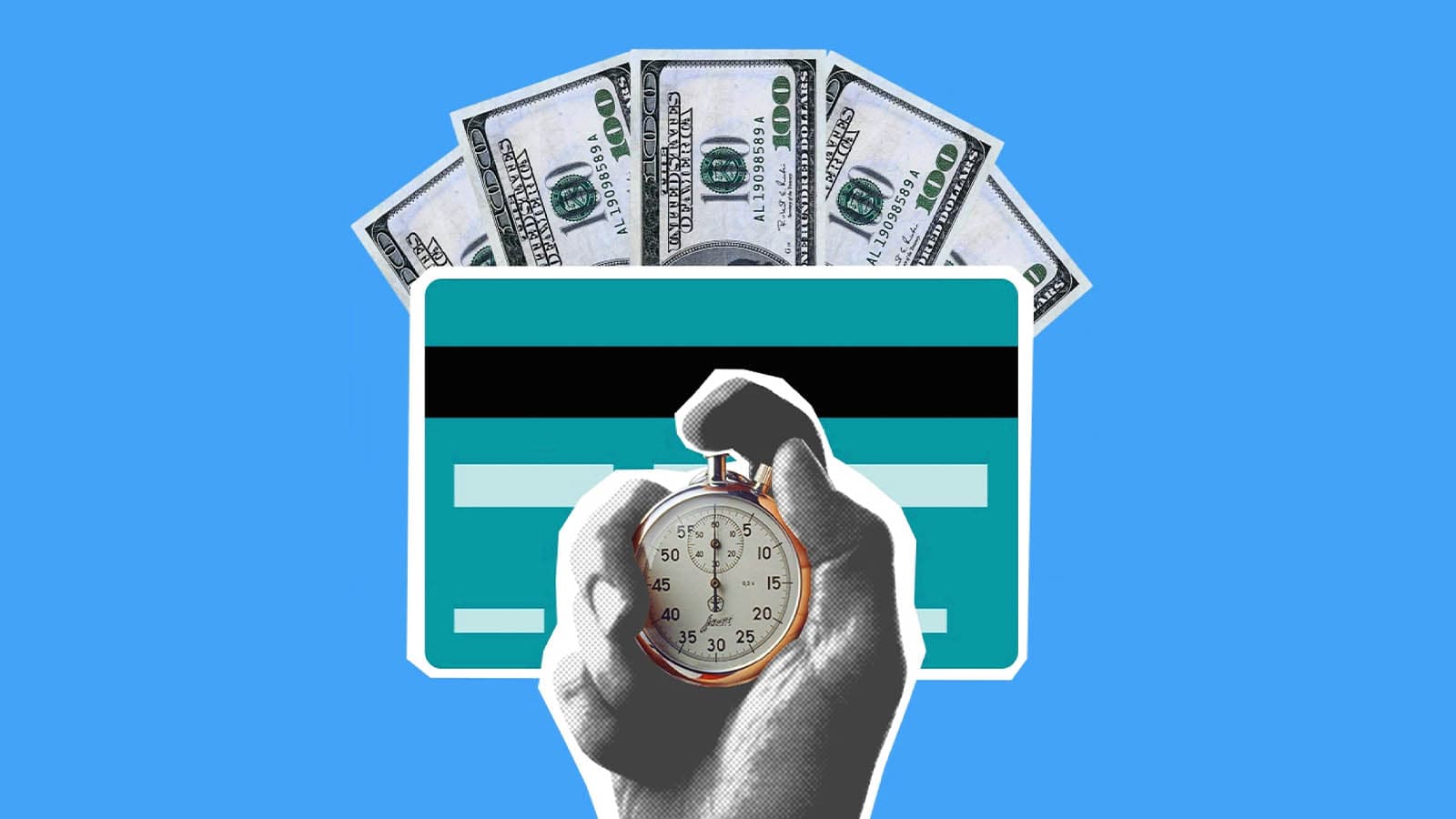 Dollars, a credit card and a stopwatch