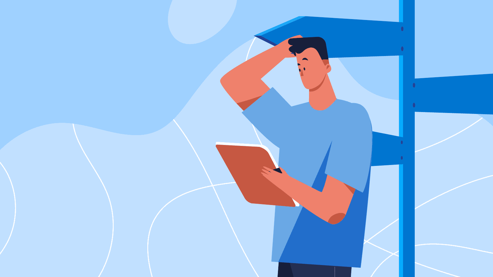Illustration of confused man with blue background