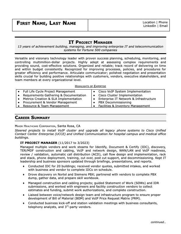 IT Project Manager resume example page 1