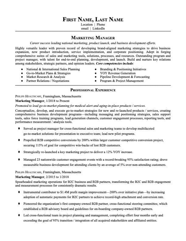 Marketing Manager resume example page 1