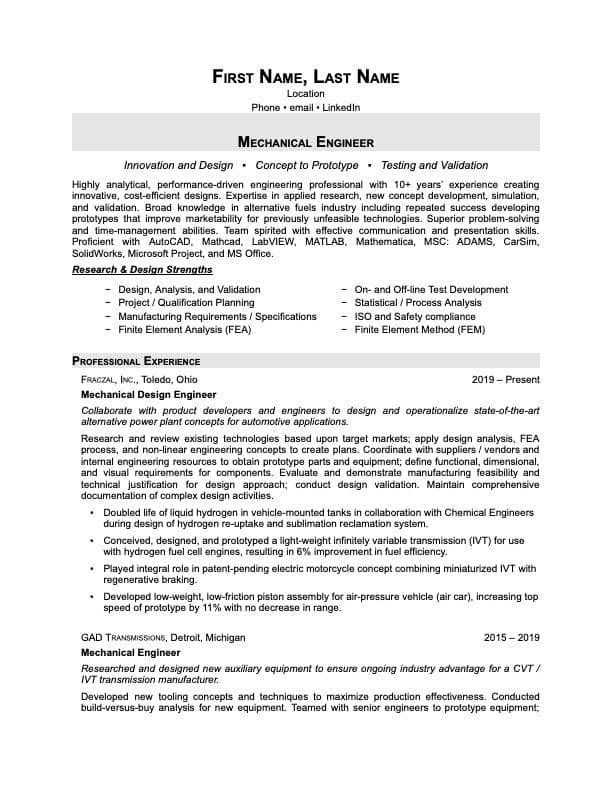 Mechanical Engineer resume example page 1