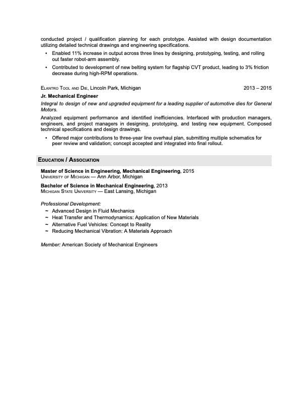 Mechanical Engineer resume example page 2