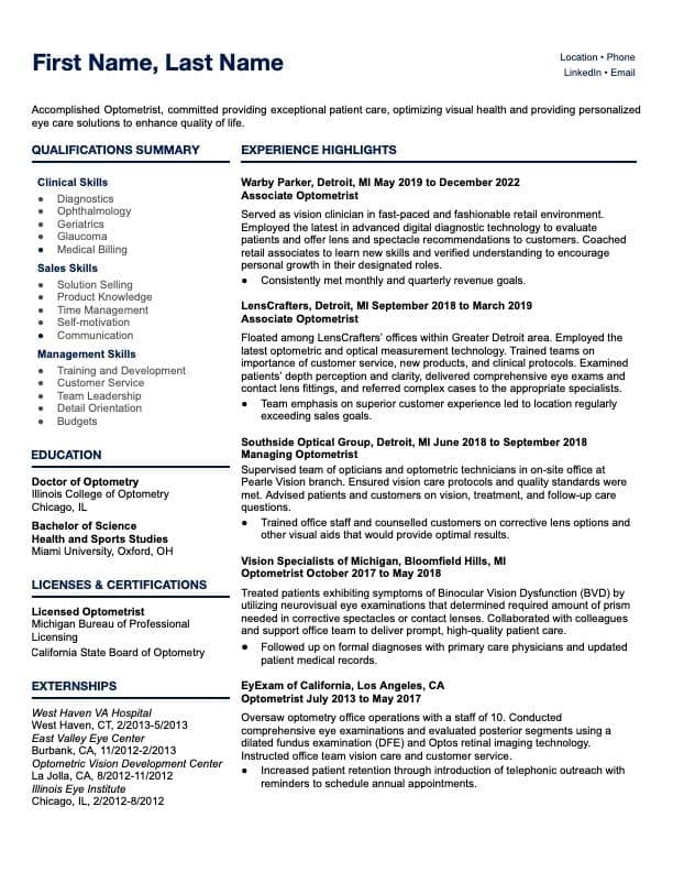 Optometrist resume example page 1