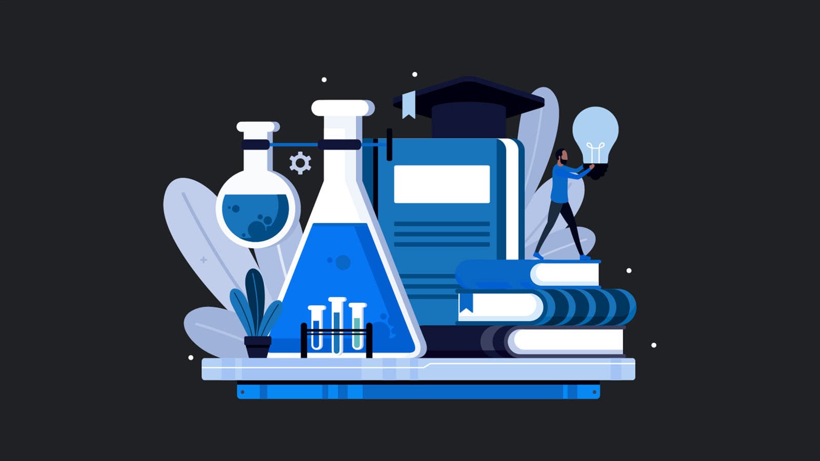 Beakers and bottles filled with bubbling liquid
