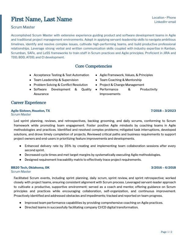 Scrum Master resume example page 1