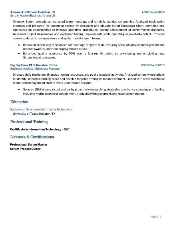 Scrum Master resume example page 2