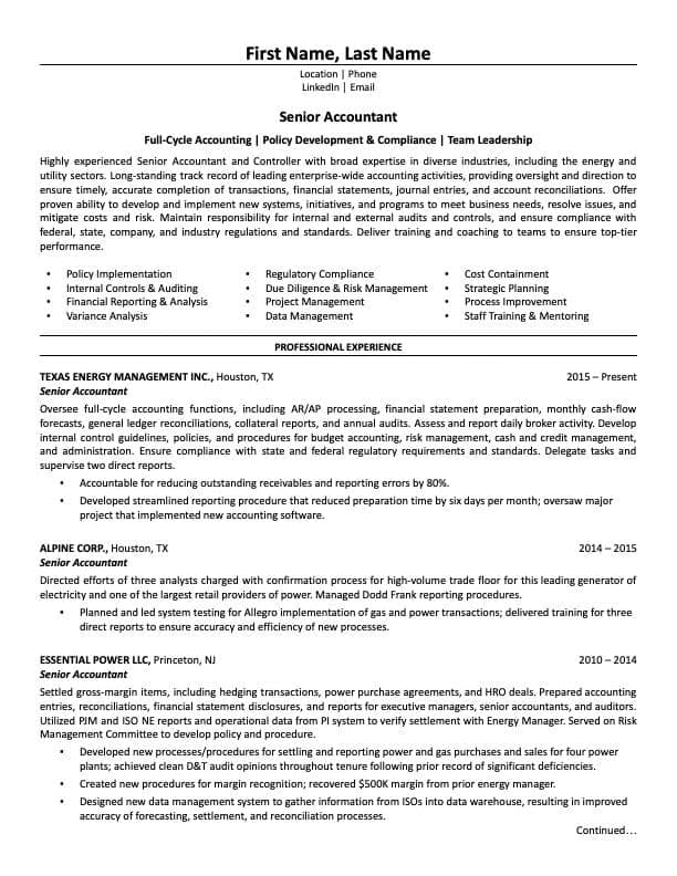 Senior Accountant resume example page 1