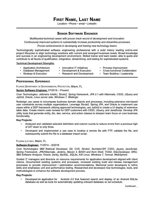 Senior Software Engineer resume example page 1