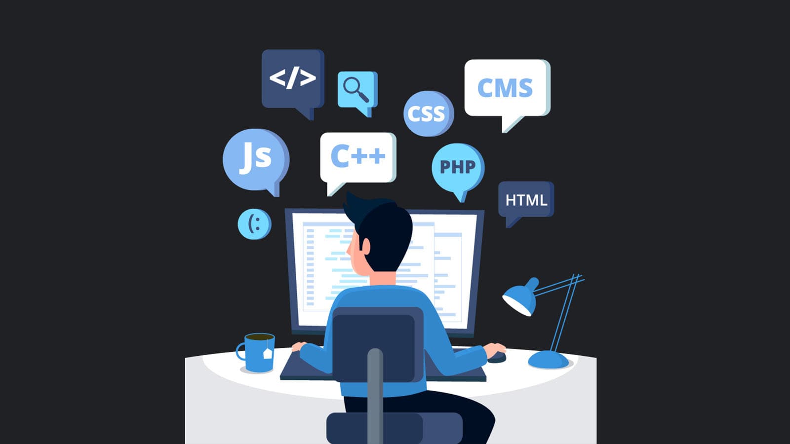 Illustration of a man programming at a computer