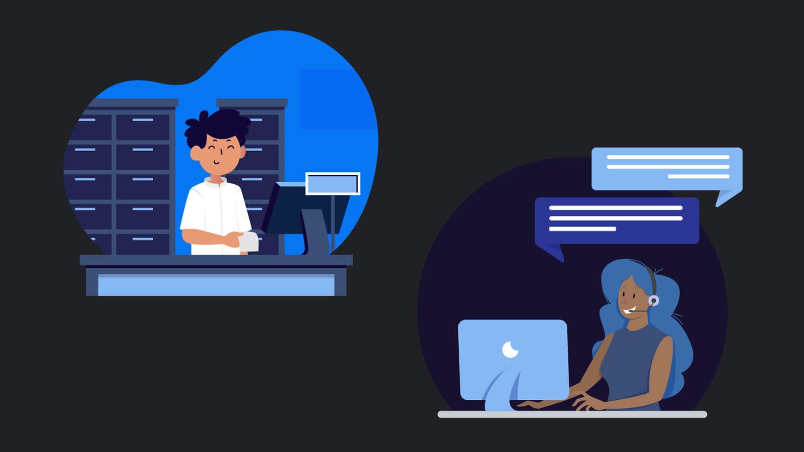 Illustration of a cashier and woman on computer