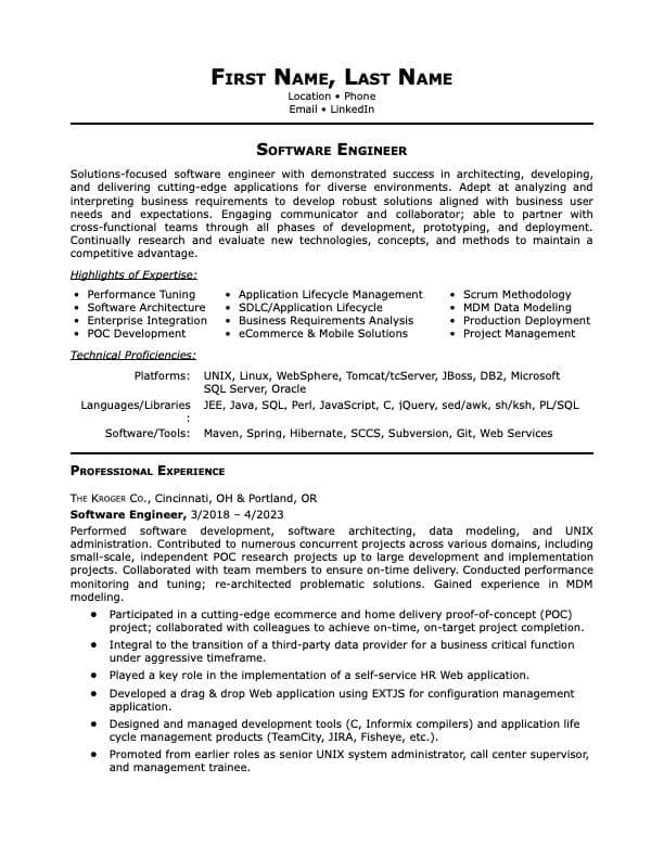 Software Engineer resume example page 1